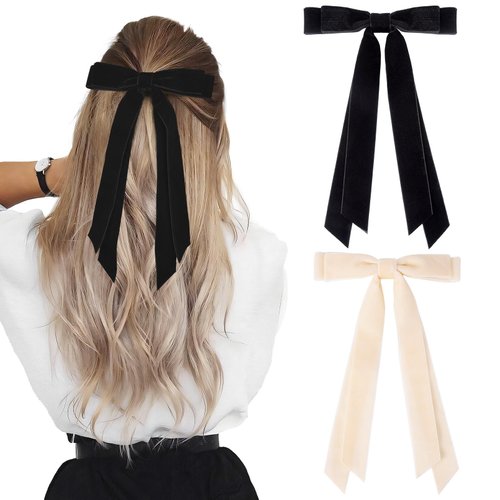 2PCS Velvet Hair Bows Ribbon Hair Clip Black Beige Accessories Ponytail Holder Accessories Slides Metal Clips Hair Bow for Women Girls Toddlers Teens Kids