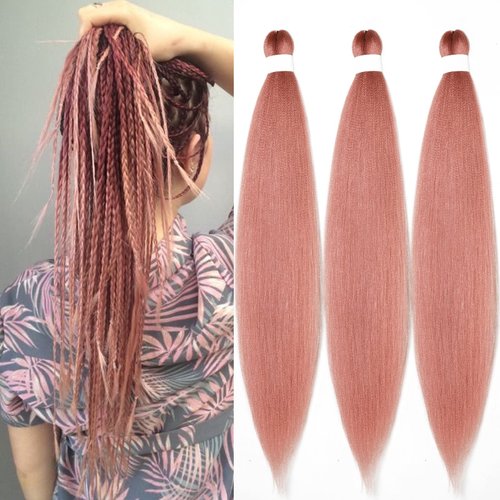 Ai Yuchen Pre Stretched Braiding Hair Kanekalon Rose Gold Pink Braiding Hair Pre Stretched Colored Hair Extensions for Braiding Box Braids Crochet Hair Knotless Prestretched Braiding Hair 26 inch