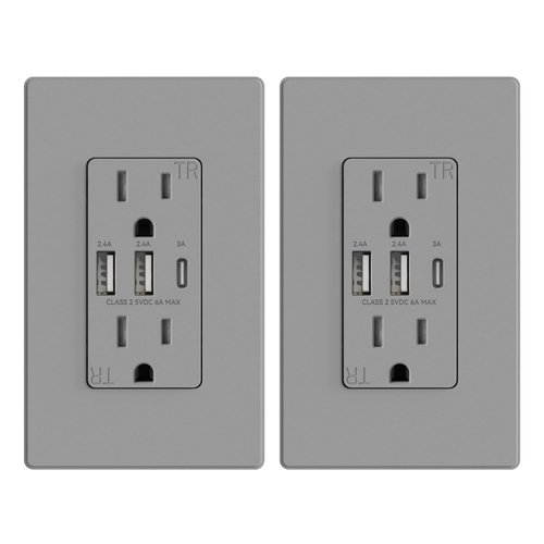 ELEGRP 30W 6.0 Amp 3-Port USB Wall Outlet, 15 Amp Receptacle with USB Type C & Type A Ports, USB Charger for iPhone/iPad/Samsung/LG/HTC/Android Devices, UL Listed, w/Wall Plate, 2 Pack, Matte Gray