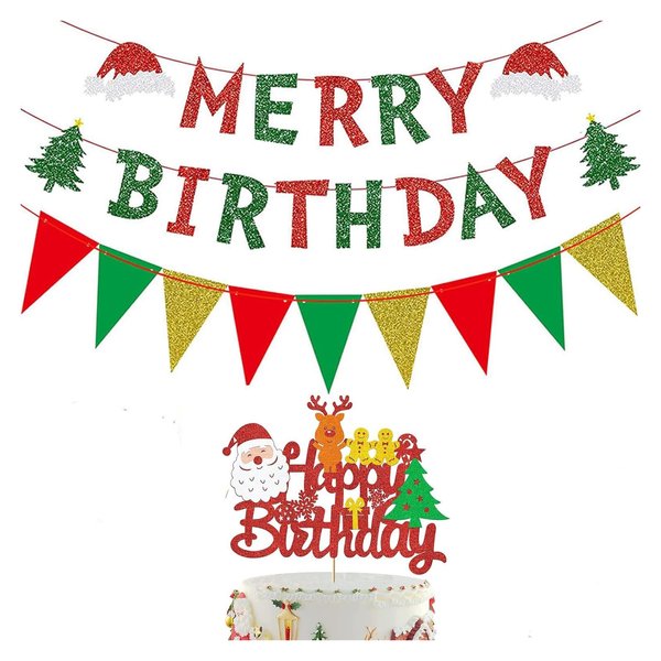 Christmas Birthday banner Merry Birthday Christmas Banner Decorations Red Green Glitter Christmas Xmas Tree Decorations Birthday Cake Toppers Decoration Baby Shower Vacation Holiday Party Decorations