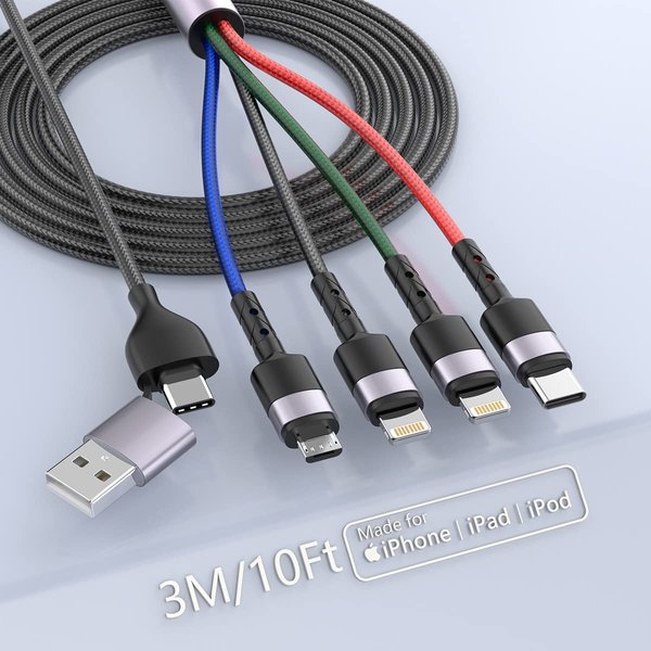 2-in-4 Multi Charging Cable, 3M/10FT Multi Charger Cable Fast Charge USB Multi Fast Charging Cord Adapter with Dual IP/USB C/Micro USB Port Compatible with Cell Phones/Tablets/Samsung/Sony and More