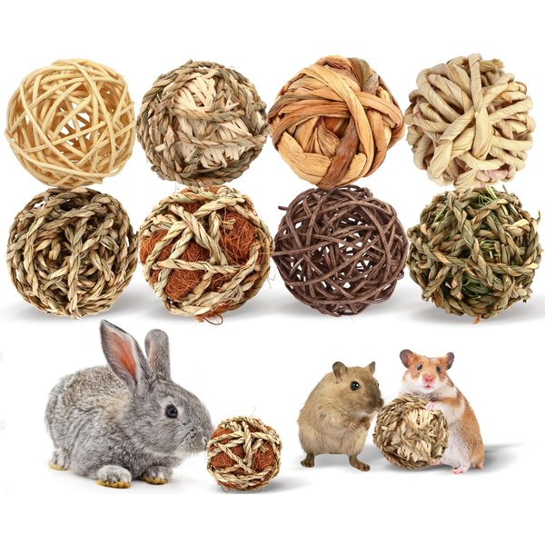 VESPRO Bunny Chew Grass Balls, Rolling Chew Toys for Small Animals, Natural Chew Grass Toys and Bunny Treats for Rabbits, Guinea Pigs, Chinchillas, Hamsters, Mice Teeth Grinding (8 Pcs)