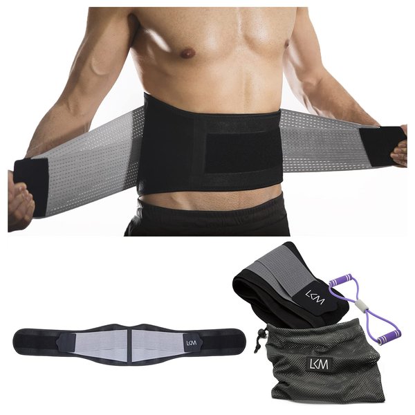 Lower Back Brace For Men And Women By LKM Lumbar Support Belt, Back Compression Pain Relief Weight Lifting Adjustable Straps- Small/Medium with Carrying Pouch (SEE SIZE CHART)