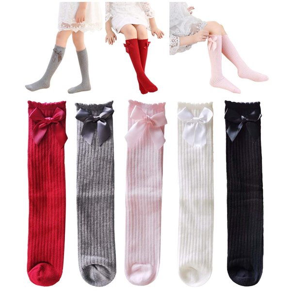 Toptim Little Girl's Knee High Socks Over Calf Kids Overknee Stockings Bow Style 3-12T(Bow2-5Piars)