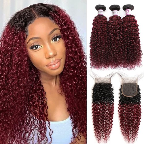 Ombre Burgundy Brazilian Curly Hair 3 Bundles with Closure, Dark Red Two Tone Curly Weave Human Hair Extensions, 99j Afro Kinki Curl Hair Weaving (20"22"24"+Closure18")