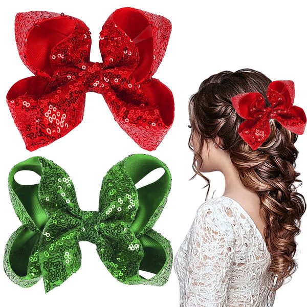 Red Green Hair Bows Clips Valentine's Day 5 Inches Glitter Sequins Hair Bows Clips Ribbon Hairpin Cheer Alligator Clips Bows Hairpins Barrette for St. Patrick's Day Holiday Girls Women 2PCS