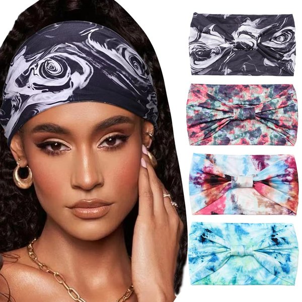 Urieo Boho Printed Wide Head Band Bandeau Hair Band Elastic Tie Dye Headband Sports Workout Knotted Turban Headbands for Women Pack of 4