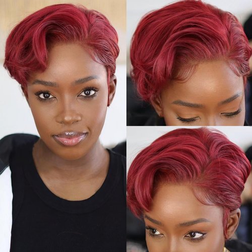 Asteria Straight Short Cut Bob Human Hair Wig with Pre Plucked #99j Pixie Cut Bob Wigs for Women Burgundy 13x4x1 Transparent Lace Bob Wigs Side Part Pixie Wig Colored Wine Red 6 Inch