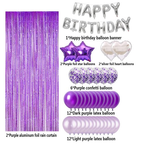 Purple Birthday Party Decoration, Happy Birthday Banner, Fringe Curtain, Pentagram Balloon, Heart Star Foil Balloon and Confetti Balloons for Women Girl Birthday Party
