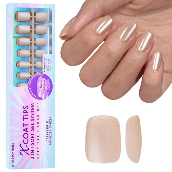 BTArtboxnails Cat Eye XCOATTIPS - Soft Gel Square Nail Tips, Glitter Press On Nails Short, Soak Off Acrylic Fake Nails Glue On Nails In 15 Sizes - 150 Nail Extension Set, Aurora