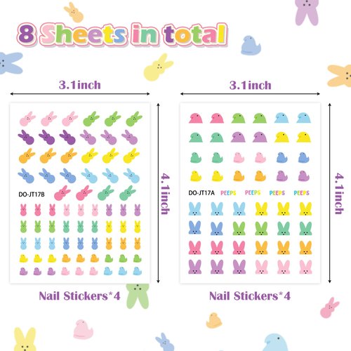 Xqumoi 8 Sheets Easter Nail Stickers Bunny Chick Peeps Art Decals 3D Self-Adhesive Nail Decals Cartoon Rabbit Pattern Design DIY Manicure Nail Decorations Easter Party Favor Gift for Women Girls Kids