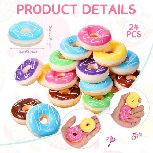 24 Pcs Rainbow Donut Stress Balls Stress Relief Donut Squeeze for Kids Slow Rising Party Supplies 2 x 0.8 Inches Fake Donut Squeeze Doughnut for Birthday Party Favors