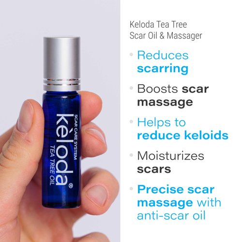 KELODA Scar & Keloid Removal Tea Tree Oil & Massager | Scars & Keloids Post Surgery Treatment | for Burns & Piercing | with Cocoa, Shea Butter, Vitamin E & Lavender Essential Oil 0.3 oz