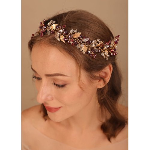 Denifery Red Hair Vine Crystal Hair Vine Wedding Fall Red Hair Piece Boho Hair Vine Gold Leaf Hair Vine Crystal Headband Bridal Hair Vine for Women and Girls