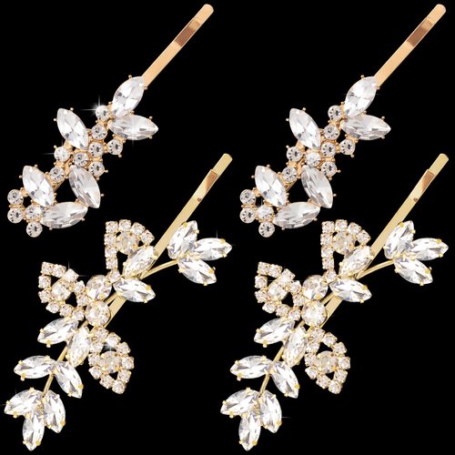 Isslly 4PCS Gold Rhinestones Hair Clips, Bridal Crystal Hair Pins, 2 Styles French Hairpins Alloy Leaf Shape Barrettes for Women for Wedding, Parties (2 Pairs)