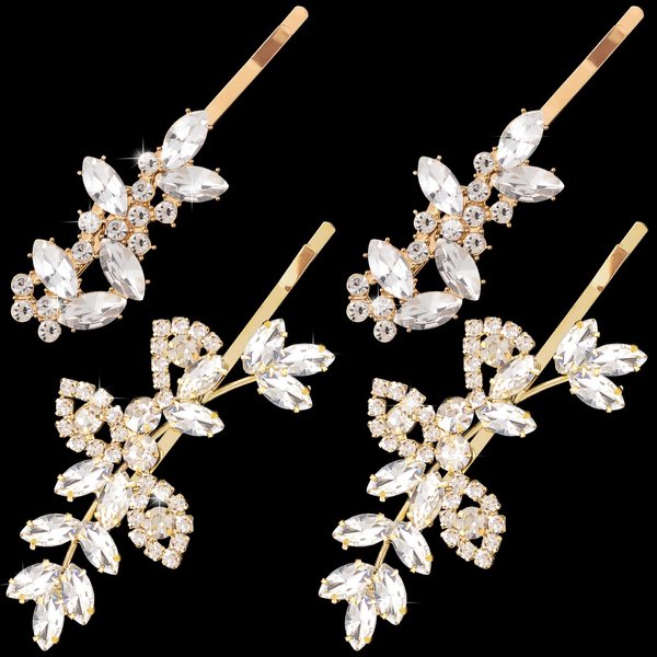 Isslly 4PCS Gold Rhinestones Hair Clips, Bridal Crystal Hair Pins, 2 Styles French Hairpins Alloy Leaf Shape Barrettes for Women for Wedding, Parties (2 Pairs)