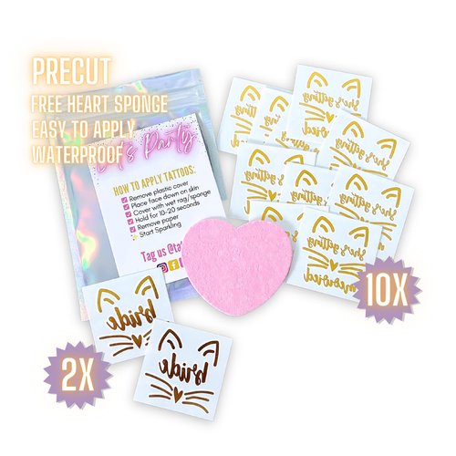 Tats4now / She's getting meowied, Cat Bride, Cat Bachelorette themed party favors, Kitty bachelorette, Cat lover bach, metallic gold cat tattoos