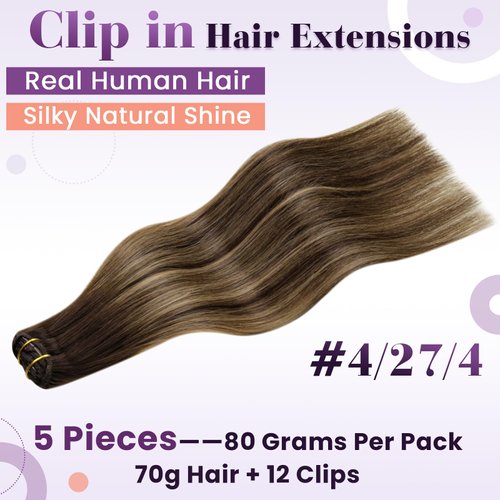 LaaVoo Balayage Clip in Hair Extensions Human Hair Clip in Extensions Balayage Brown to Caramel Blonde Hair Extensions Clip ins Real Human Hair Long Straight 22 Inch 5pcs/80g