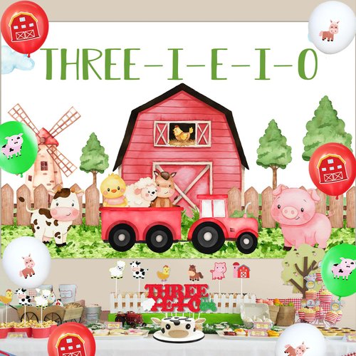kreat4joy Farm Animal 3rd Birthday Decorations, Three i e i o Farm Party Decorations Backdrop Cake Topper Happy Birthday Banner, Farm Animal Balloons Cupcake Toppers for 3rd Kids Barnyard Farm Party
