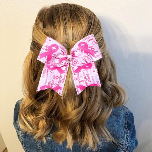 Breast Cancer Awareness Hair Scrunchies Ribbon Cheer Hair Bow Ties with Ponytail Holder Hair Band Hair Elastic Cheerleading Stretch Hair Tie Ponytail Holder Hair Access for Women 1PCS