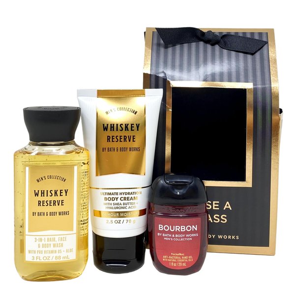 Bath and Body Work WHISKEY RESERVE Raise A Glass Trio Mini Gift Bag - Body Cream - 3-in-1 Hair, Face & Body Wash - Hand Gel