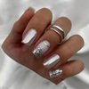 Silver Press on Nails Short Square Fake Nails Mirror Chrome Glue on Nails French Tip False Nails with Design Full Cover Glossy Artificial Silver Glitter Stick on Nails for Women Girls Manicure 24Pcs