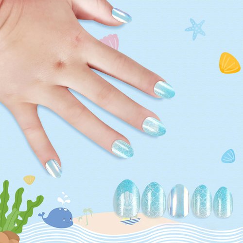 Kawyehu Kids Press on Nails Short Almond Children Fake Nails Artificial Nail Tips Adhesive Full Cover Short False Fingernails for Girls Kids Nail Decoration (Shine Ocean Party)