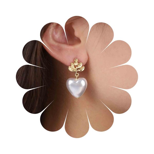 Sttiafay Vintage Pearl Heart Drop Earrings Gold Leaf Pearl Earrings White Pearl Heart Earrings Bridal Pearl Stud Earrings Jewelry for Women and Girls