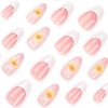 French Tip Press on Nails Medium Almond Fake Nails Flower False Nails White Pink Acrylic Nails Design 3D Floral Glue on Nails Full Cover Glossy Stick on Nails Artificial Nails for Women Manicure 24Pcs