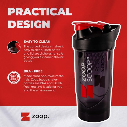 ZoopScoop Protein Shaker Bottle - Black | Portable Protein Powder Shaker Cup With Strainer & Leakproof Lid | 700ml (25oz) - Easy Clean - BPA Free