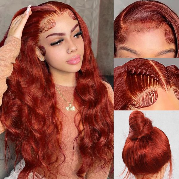Reddish Brown Wig Human Hair Colored 360 Lace Front Wigs Human Hair 200 Density Body Wave Human Hair Wig Auburn Color Transparent HD Lace Frontal Human Hair Wigs 26 inch Glueless Wig Human Hair 100%