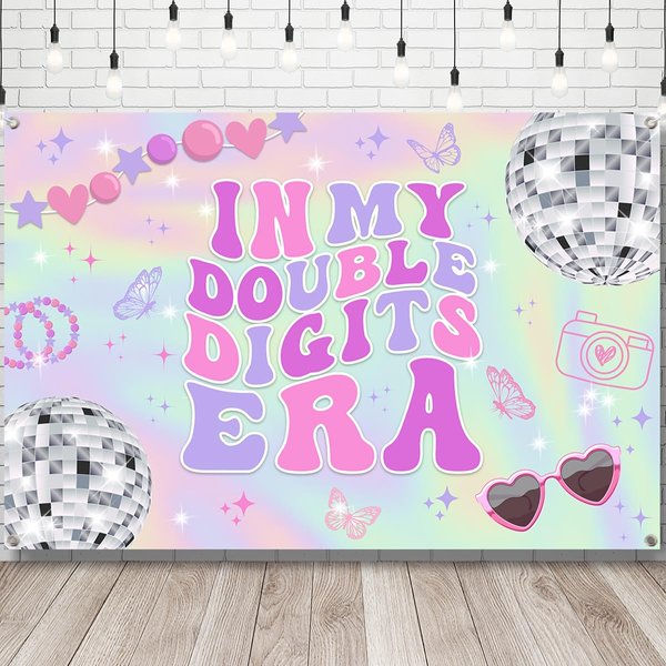 Iridescent 10th Birthday Decorations for Girl Banner, Double Digits Birthday Girl Music Superstar Birthday Banner for Outside Indoor, in My Double Digits Era Party Decor Birthday Banner 59" X 39"
