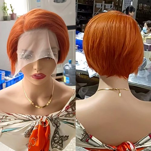 Wiggins Hair Pixie Cut Wig Human Hair Short Bob Wig Human Hair Orange Pixie Cut Wig For Black Women Straight 13x4x1 T Part Wig #350 Color Pixie Cut Wig Lace Front Wigs Human Hair Bob Wigs 6 Inch