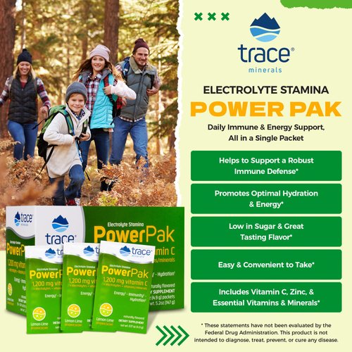 Trace Minerals | Power Pak Electrolyte Powder Packets | 1200 mg Vitamin C, Zinc, Magnesium | Boost Immunity, Hydration and Natural Energy | Lemon Lime | 90 Packets