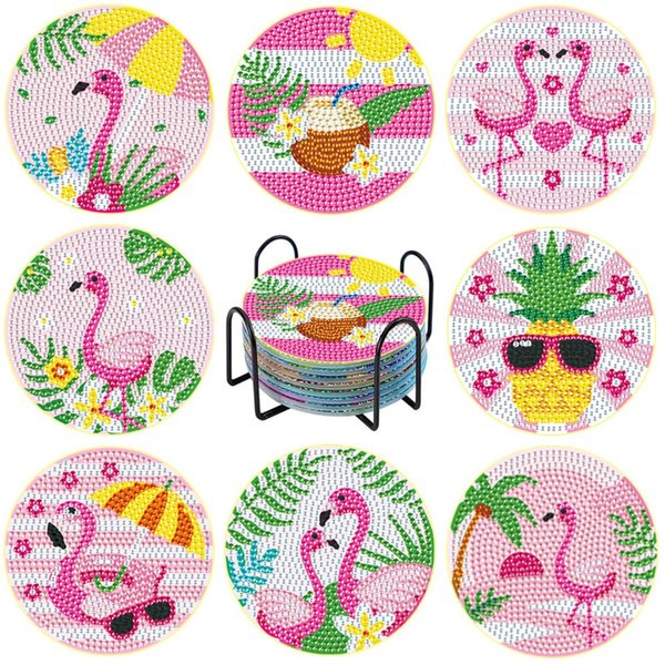 PERFECTSIGHT 8 Pcs DIY Diamond Art Painting Coasters with Holder, Cute Diamond Paint Coaster Kits for Adults, Kawaii Full Drill Diamond Art Craft Supplies, Paint by Number Non Slip Coaster, Flamingo