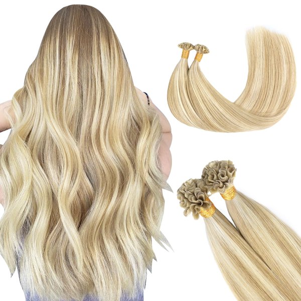 GOO GOO U Tip Hair Extensions Real Human Hair, 20inch 50g 50S, Hot Fusion U Tip Hair Extensions, Invisible Remy Hair Extensions, 18A/613A Dark Blonde Highlighted Bleach Blonde