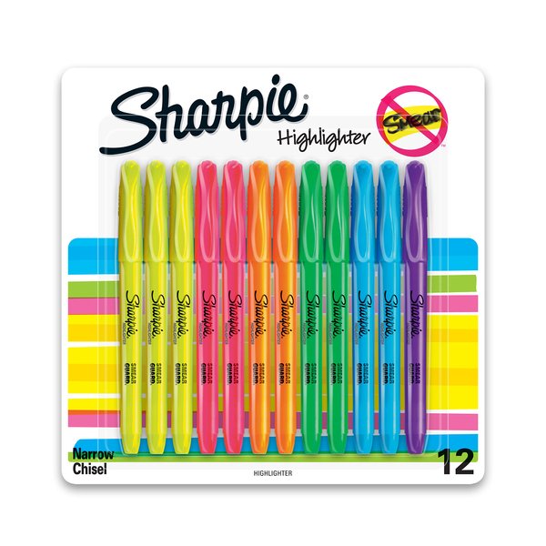 Sharpie Pocket Style Highlighters, Chisel Tip, Assorted Fluorescent, 12 Count