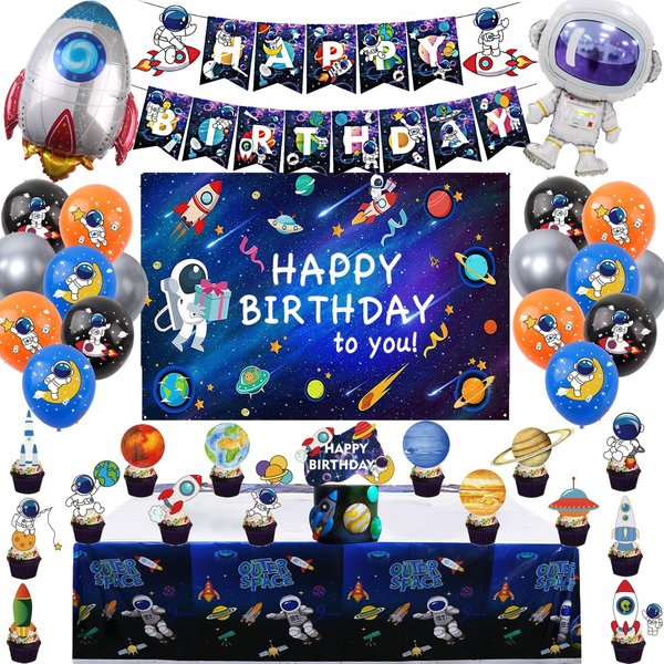 Outer Space Party Decorations, Outer Space Birthday Party Supplies Include Space Themed Balloons, Backdrop, Tablecloth, Cake Toppers for Kids Outer Space Themed Birthday Party Decorations
