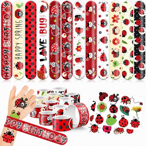 Cherisnowy 48 PCS Ladybug Party Favors 24PCS Tattoos Sticker 24PCS Slap Bracelets Wristbands Perfect for Themed Birthday Baby Showers or Classroom Rewards Ideal Decor and Gifts for Girls and Boys