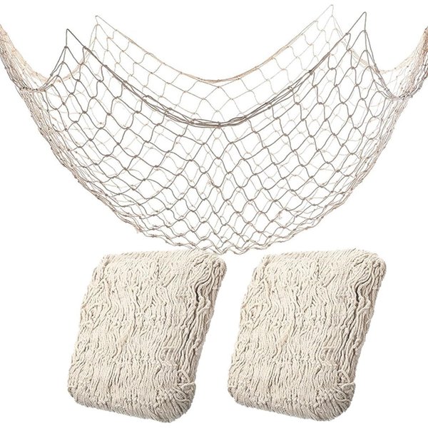 2 Pack Fish Net Decorations for Party,Natural Cotton Hawaiian Party Fishing Net Decorative, Nautical Themed Cotton Fishnet Pirate Party Decor