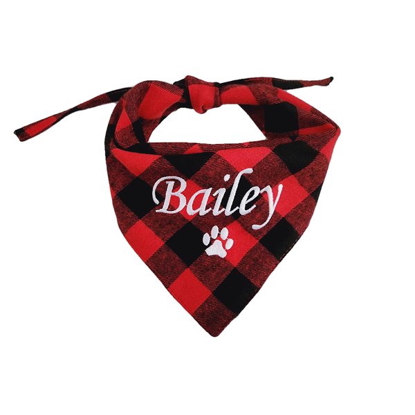 Plaid Bandana Personalized, Embroidered, Buffalo Plaid, Custom Pet Neckwear