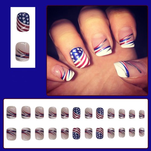 Independence Day Press on Nails Short Square Shape Glossy July 4th Acrylic Patriotic False Nails with USA Flag Designs Artificial French Square Fake Nails Glue Stick on Fingernails for Women Girls