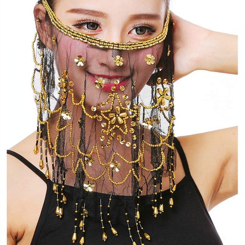 Baisdan Face Veils Belly Dance Costumes Mesh Face Veil with Beaded Halloween Costume Accessory (One Size, Black)