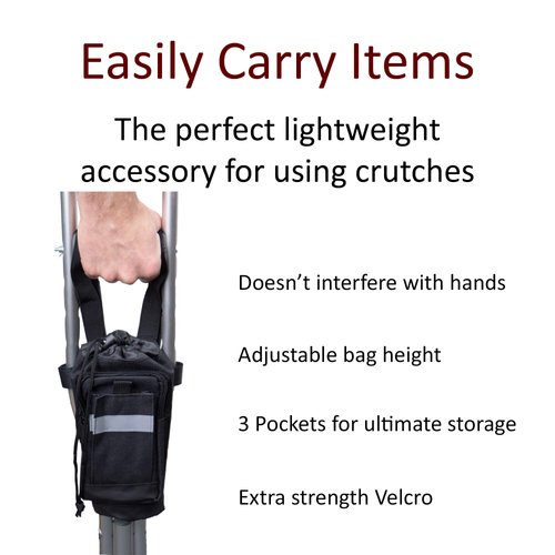 Crutcheze Crutch Bag (Updated Design) - Lightweight Pouch for Crutches with 3 Pockets - Tote Fits Adult & Youth Crutches - Accessories for Underarm Crutches (Black)