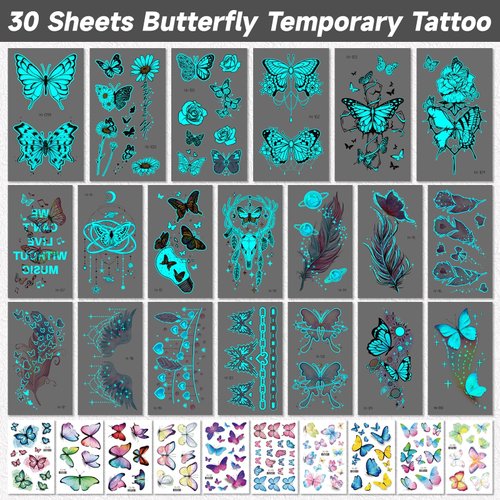 EMOME 100+ Styles Glow + Glitter Tattoos for Butterfly Birthday Decorations, Glitter Tattoo Stickers for Women, Luminous Art Temporary Tattoos for Adults Butterfly Party Favors Supplies (30 sheets)