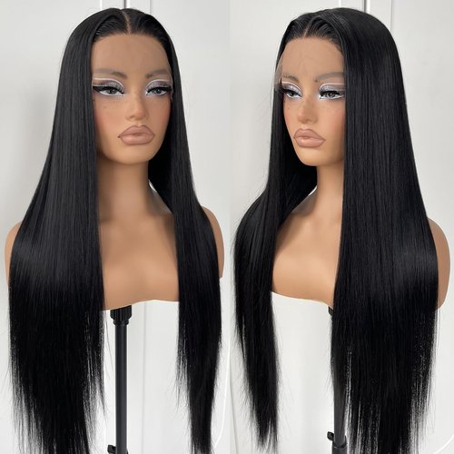 MITIMES 32inch Long Straight Lace Front Wigs Natural Black Glueless Straight Hair Lace Front Wig Pre Plucked Synthetic HD Lace Front Wig For Black Women