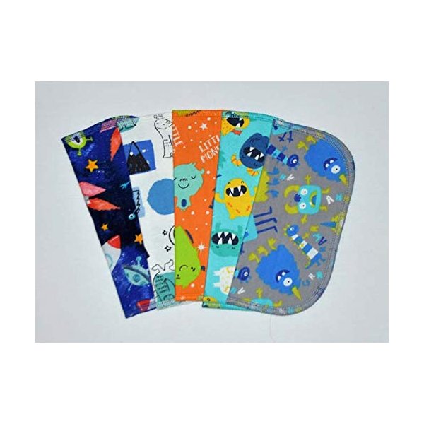 Gina's Soft Cloth Shop 2 Ply Printed Flannel 8x8 Inches Set of 5 Little Wipes Monsters - Proudly Made in the USA!