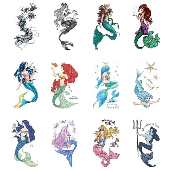 Zotemo 12 Pack Mermaid Temporary Tattoos, Waterproof Body Art Stickers for Women Kids Girls and Models