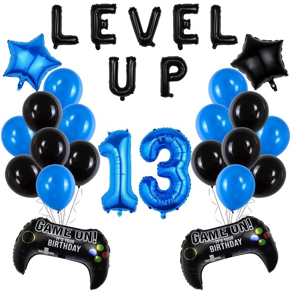 Video Game Birthday Party Set, Level Up 13 Video Game Balloons Controller Balloons Blue Black Stars Aluminum Foil Balloons Kit Decorations (13TH)
