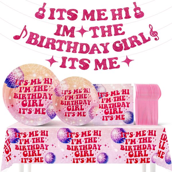 98PCS It'S Me Hi Im The Birthday Girl It'S Me Tableware Set, Music Singer Themed Party Decoration Including Plates, Tissues, Forks, Tablecloths, Banners, Service for 24 Guests